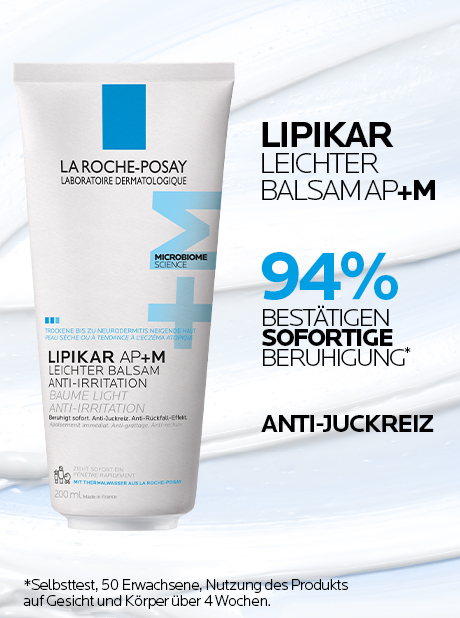 La Roche-Posay Lipikar Leichter Balsam AP+M Tube. Text: 94% sofortige Beruhigung, Anti-Juckreiz. 200ml.
